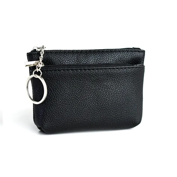 Women's Korean-style soft PU leather key wallet, lychee grain texture, short length, ID card slot, solid colour, beige
