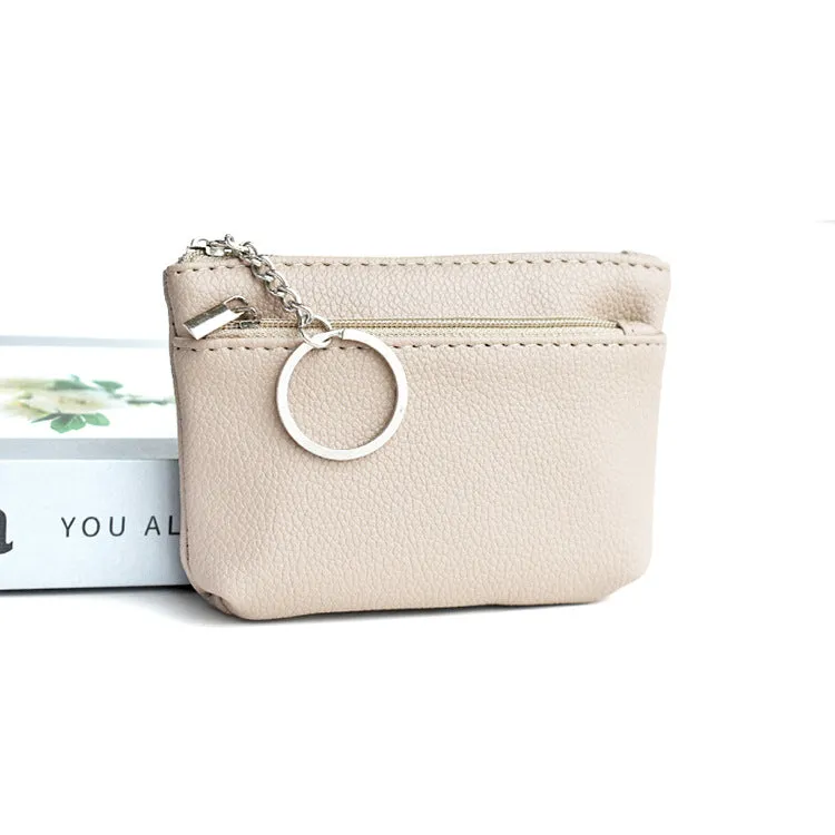 Women's Korean-style soft PU leather key wallet, lychee grain texture, short length, ID card slot, solid colour, beige