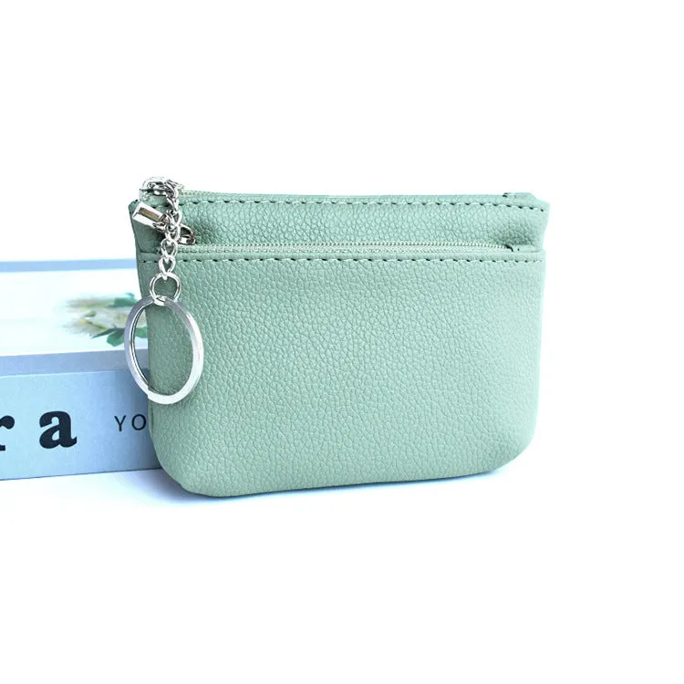 Women's Korean-style soft PU leather key wallet, lychee grain texture, short length, ID card slot, solid colour, beige