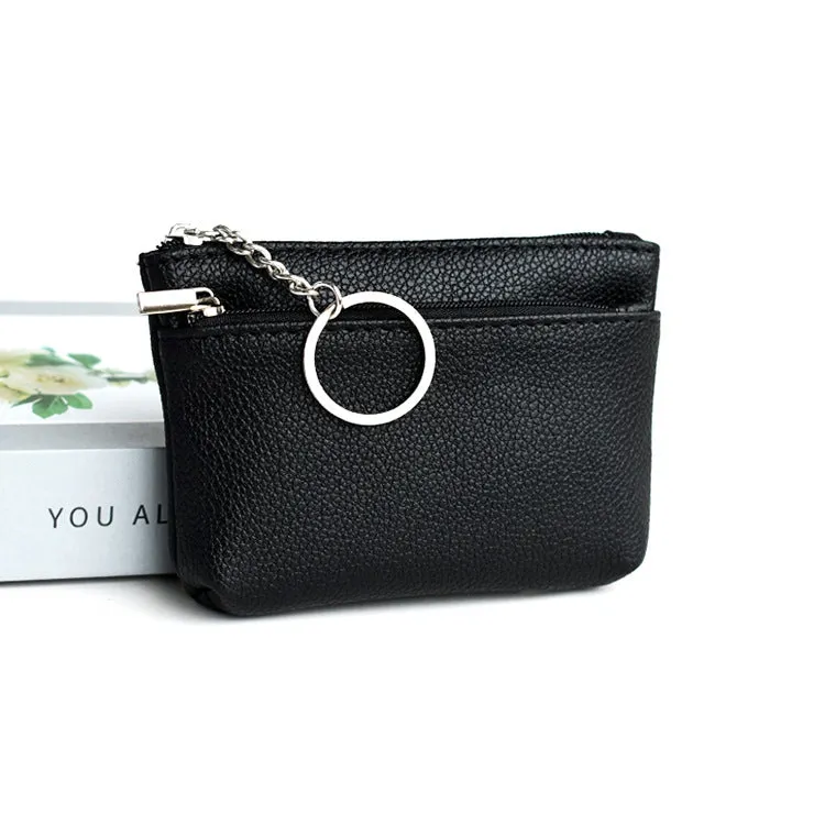 Women's Korean-style soft PU leather key wallet, lychee grain texture, short length, ID card slot, solid colour, beige