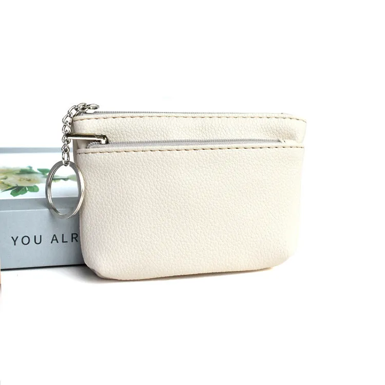 Women's Korean-style soft PU leather key wallet, lychee grain texture, short length, ID card slot, solid colour, beige