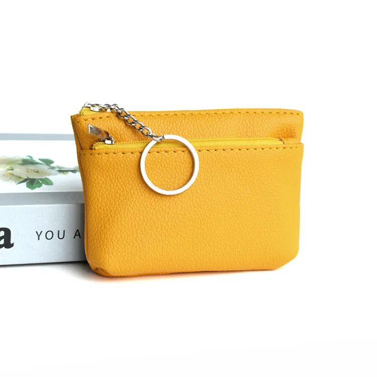 Women's Korean-style soft PU leather key wallet, lychee grain texture, short length, ID card slot, solid colour, beige