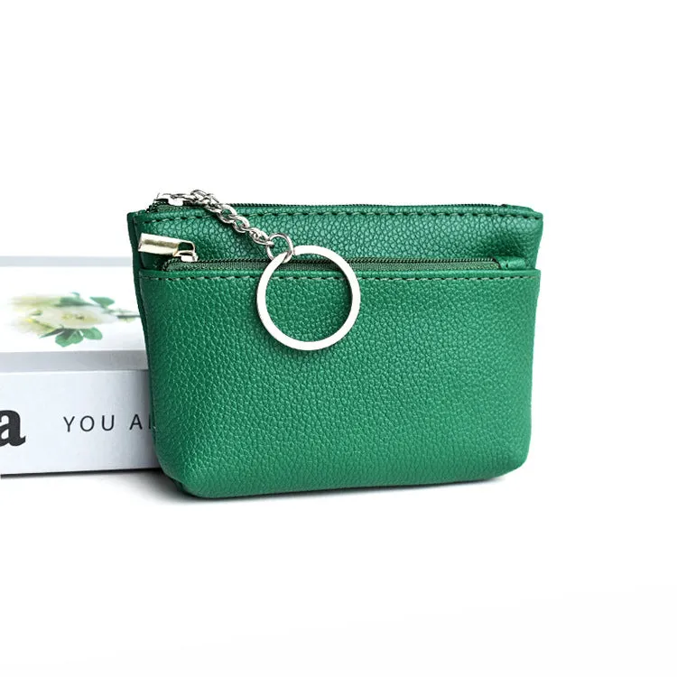 Women's Korean-style soft PU leather key wallet, lychee grain texture, short length, ID card slot, solid colour, beige