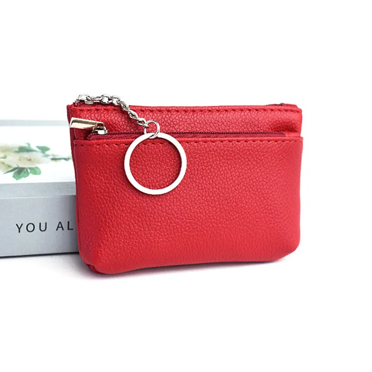 Women's Korean-style soft PU leather key wallet, lychee grain texture, short length, ID card slot, solid colour, beige