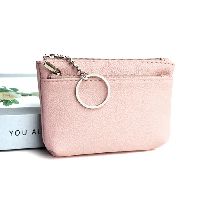 Women's Korean-style soft PU leather key wallet, lychee grain texture, short length, ID card slot, solid colour, beige