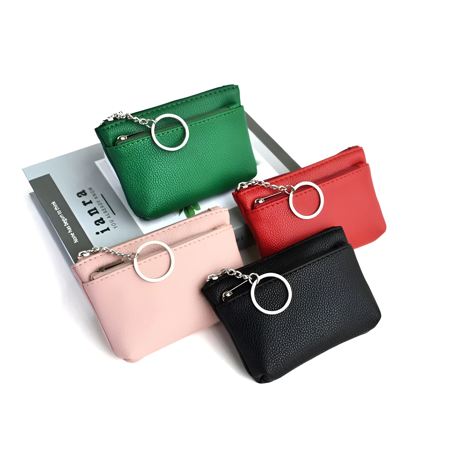 Women's Korean-style soft PU leather key wallet, lychee grain texture, short length, ID card slot, solid colour, beige