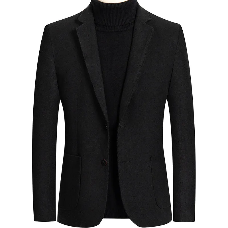 A grey slim-fit men's wool suit blazer with a non-ironing finish for autumn wear.