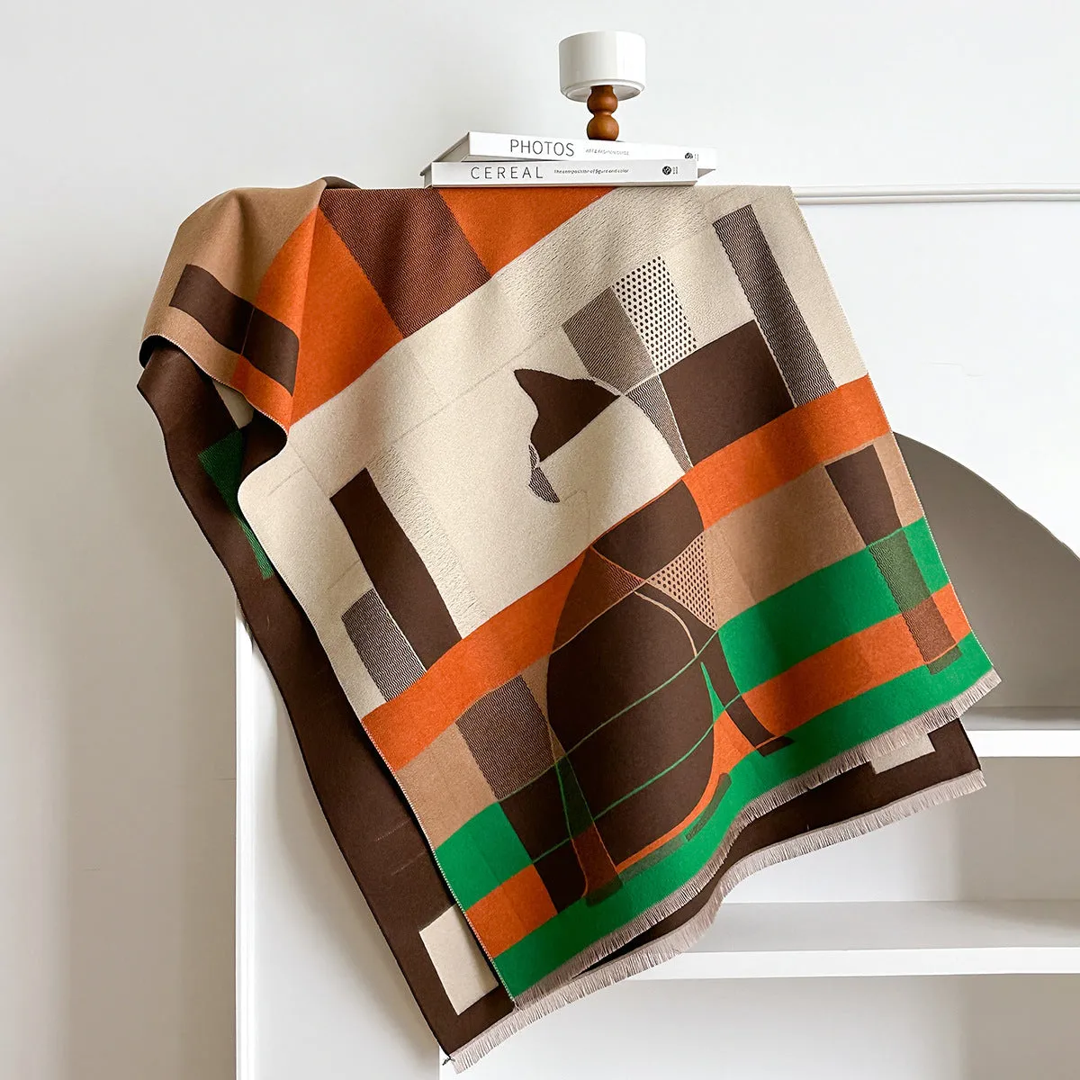 Imitation cashmere shawl scarf in beige colour showing 185x65cm dimensions and European American chic style