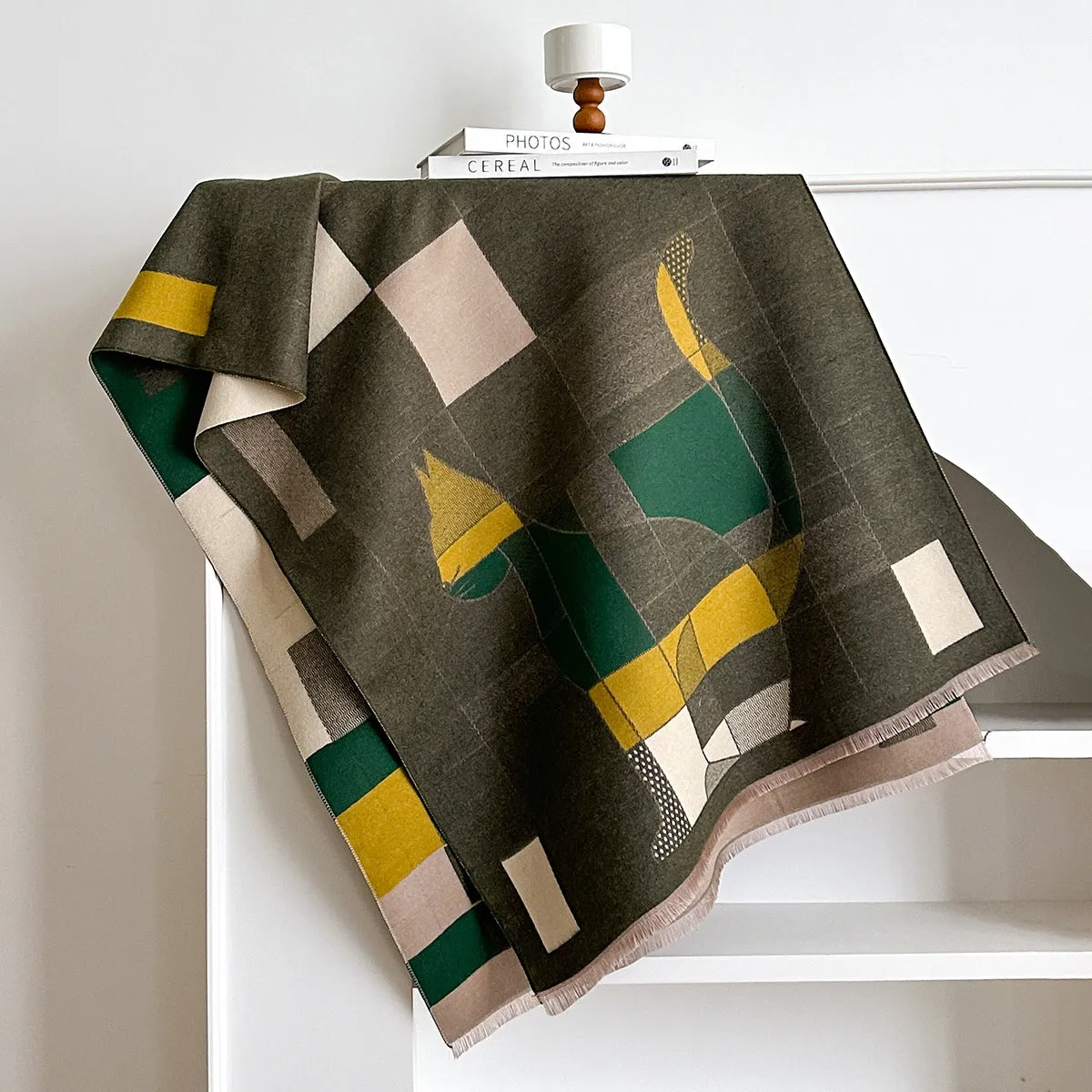 Imitation cashmere shawl scarf in beige colour showing 185x65cm dimensions and European American chic style