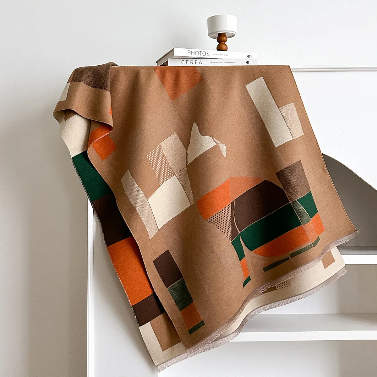 Imitation cashmere shawl scarf in beige colour showing 185x65cm dimensions and European American chic style