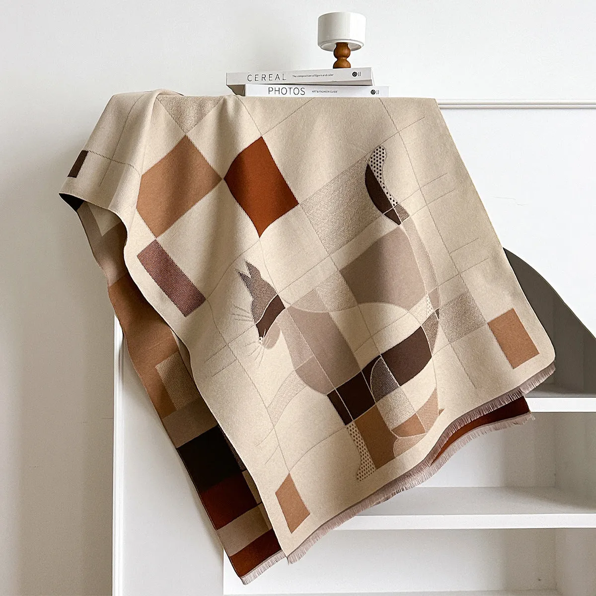 Imitation cashmere shawl scarf in beige colour showing 185x65cm dimensions and European American chic style