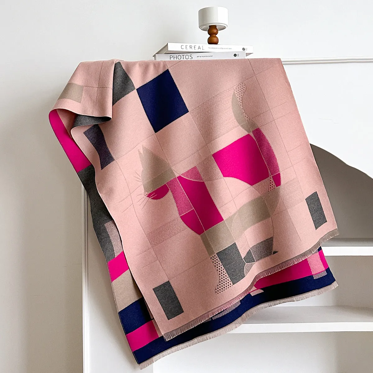 Imitation cashmere shawl scarf in beige colour showing 185x65cm dimensions and European American chic style