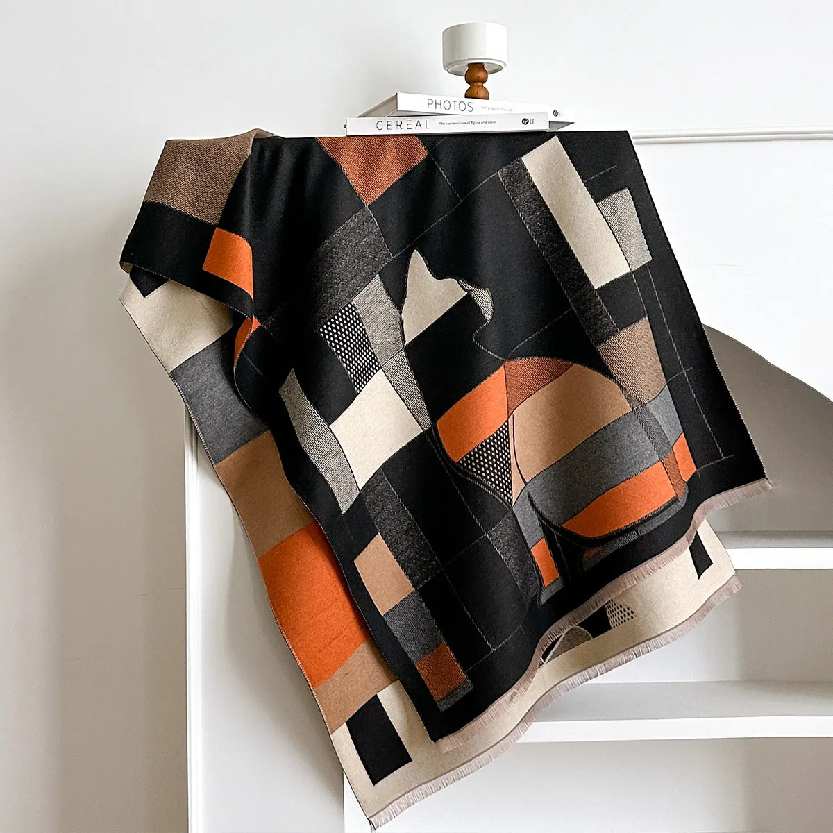 Imitation cashmere shawl scarf in beige colour showing 185x65cm dimensions and European American chic style