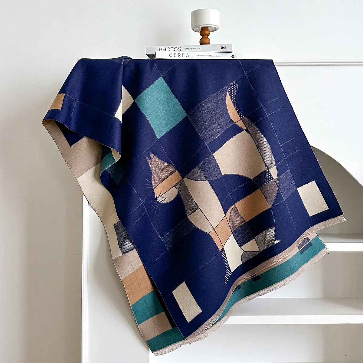 Imitation cashmere shawl scarf in beige colour showing 185x65cm dimensions and European American chic style