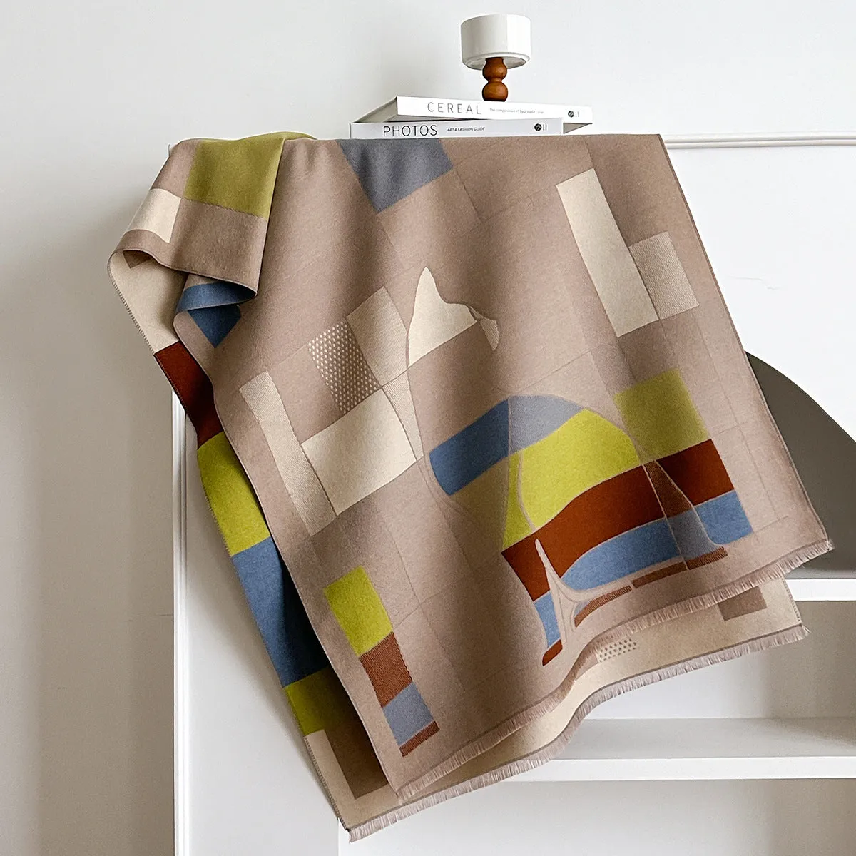 Imitation cashmere shawl scarf in beige colour showing 185x65cm dimensions and European American chic style