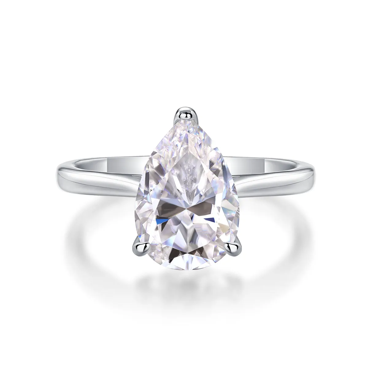 Heart-shaped pear-cut moissanite wedding ring set in S925 silver with platinum plating on white background