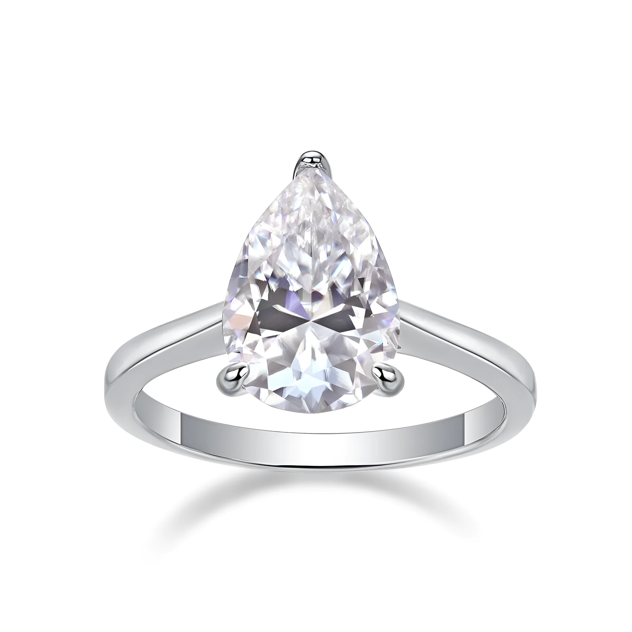 Heart-shaped pear-cut moissanite wedding ring set in S925 silver with platinum plating on white background