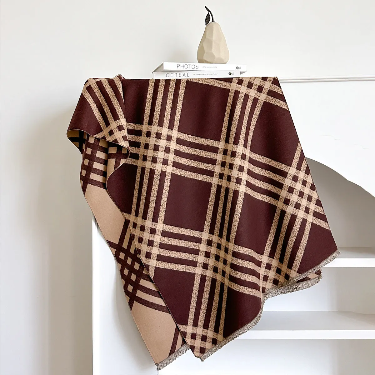 Long brown cashmere-like winter scarf with tassels laid flat showing its full 185cm length.