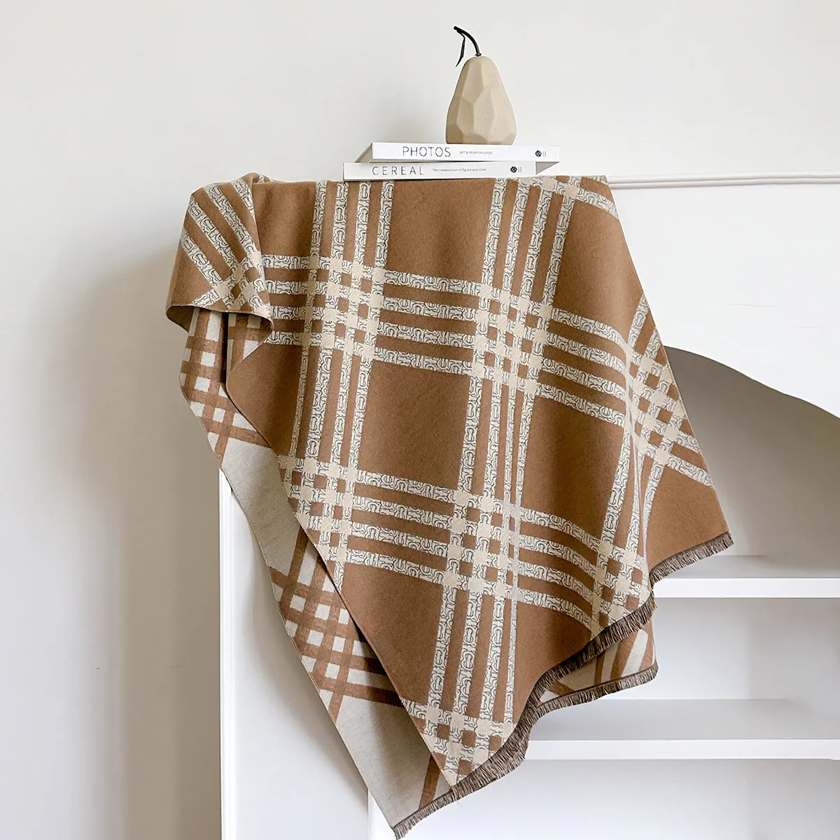 Long brown cashmere-like winter scarf with tassels laid flat showing its full 185cm length.