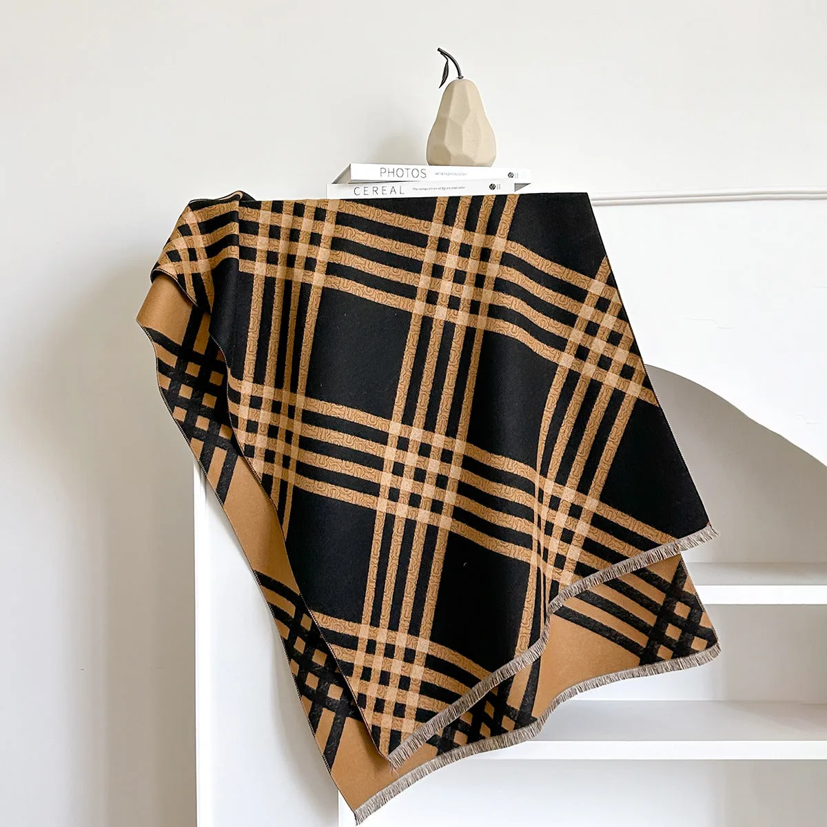 Long brown cashmere-like winter scarf with tassels laid flat showing its full 185cm length.