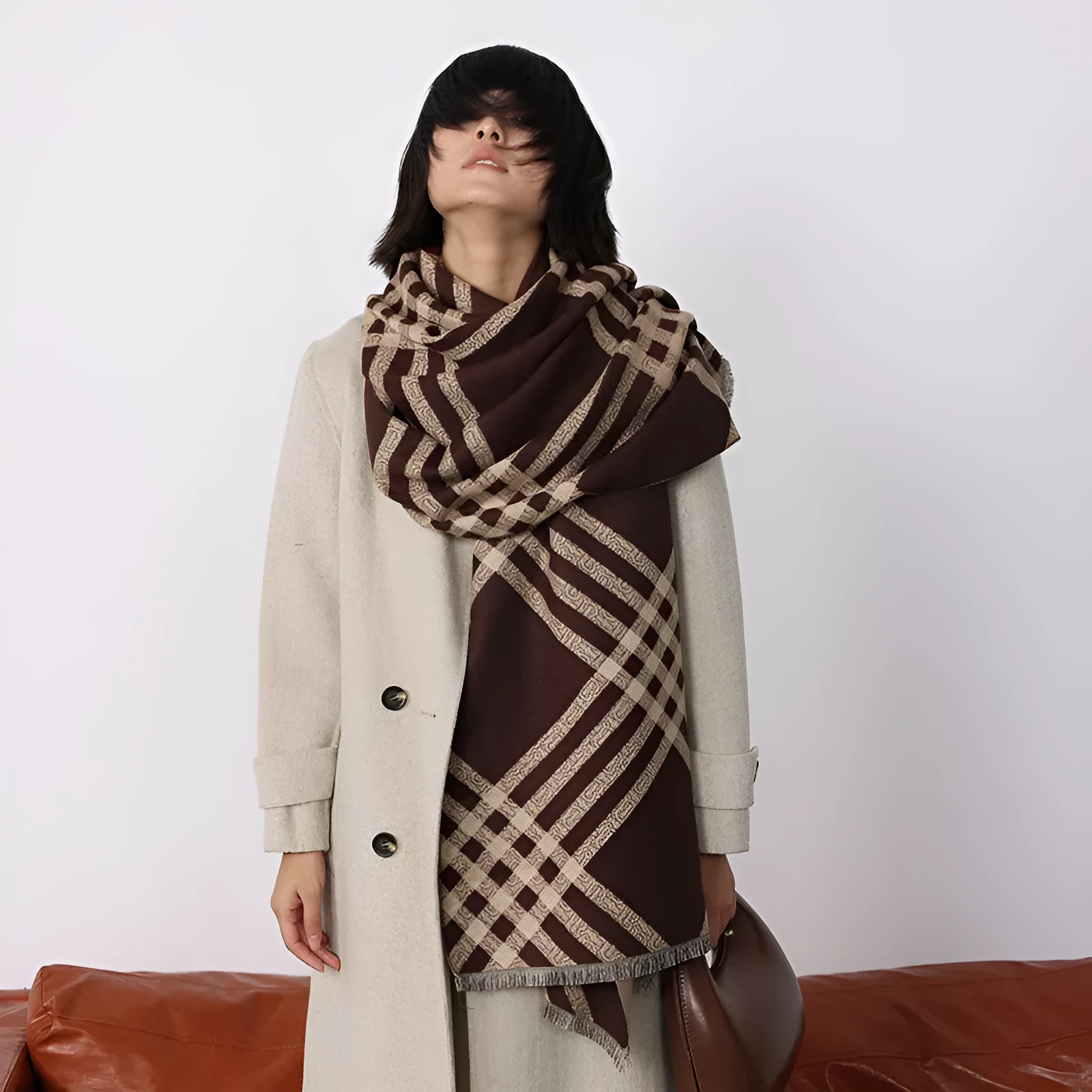 Long brown cashmere-like winter scarf with tassels laid flat showing its full 185cm length.