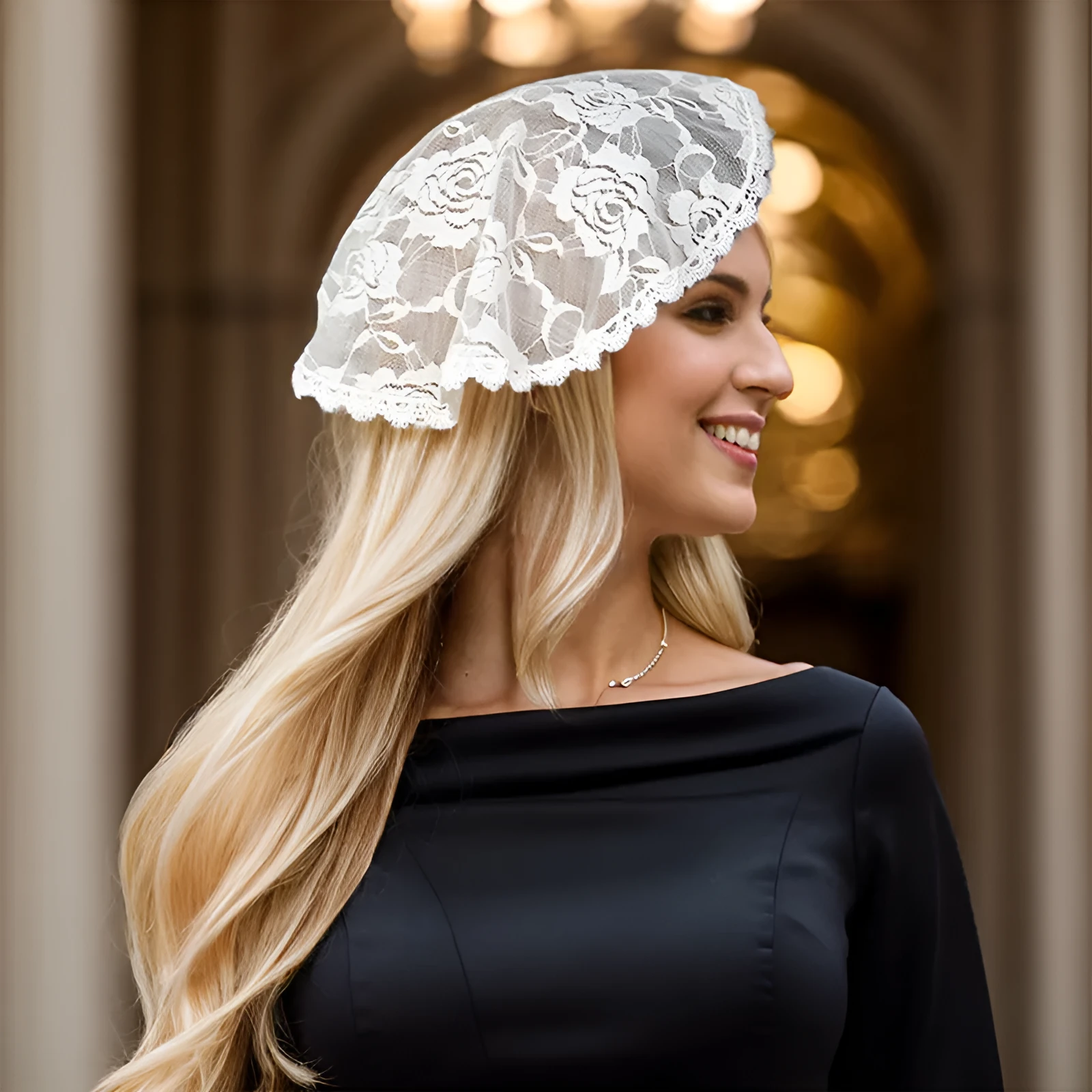 Round white wedding veil headpiece with floral design measuring 30cm in diameter