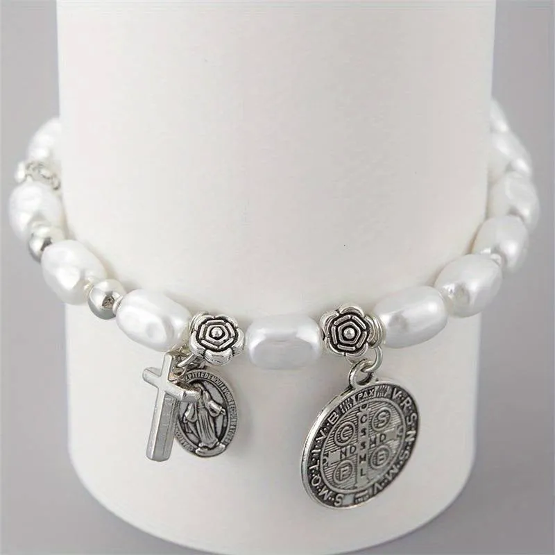 Silver electroplated metal beaded flower bracelet for women, retro style.