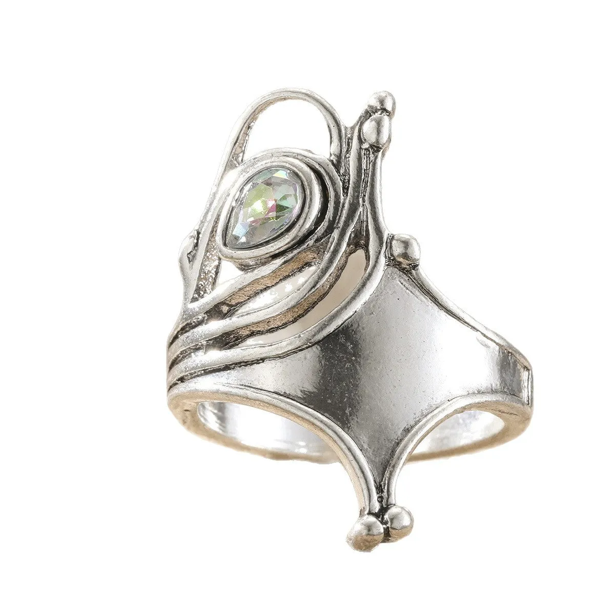 Retro wide hollow ring for women in silver zinc alloy electroplated finish on white background