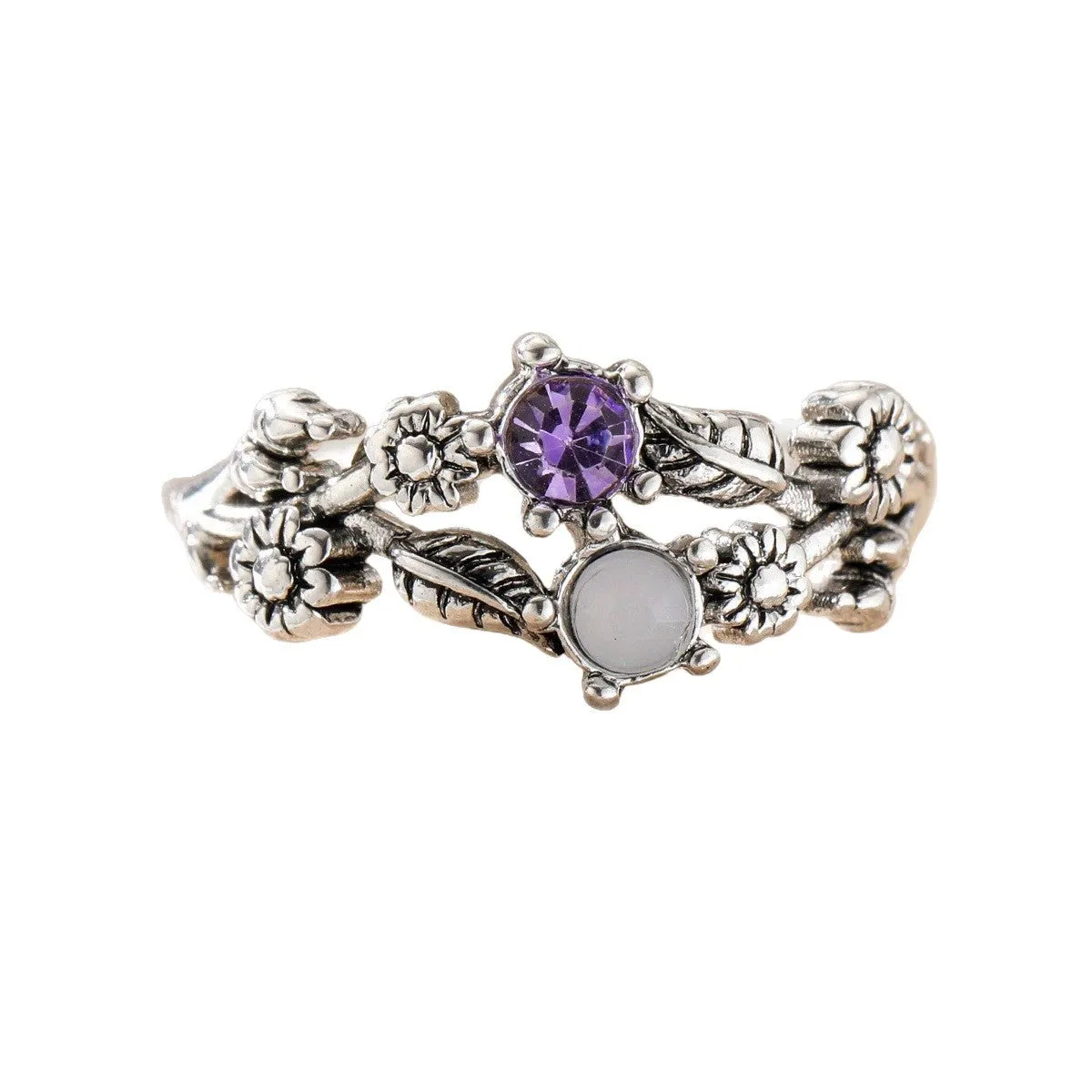 Purple gemstone flower ring for women in silver zinc alloy, available in sizes 6 to 10