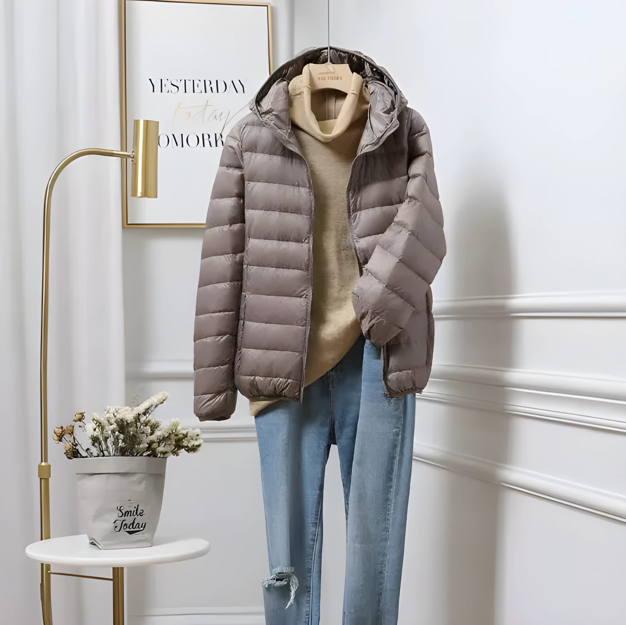Plus size ultra-thin lightweight down jacket for mothers in khaki solid colour with zipper front