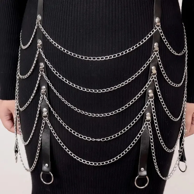 Black PU leather waist chain with bandage binding design for women