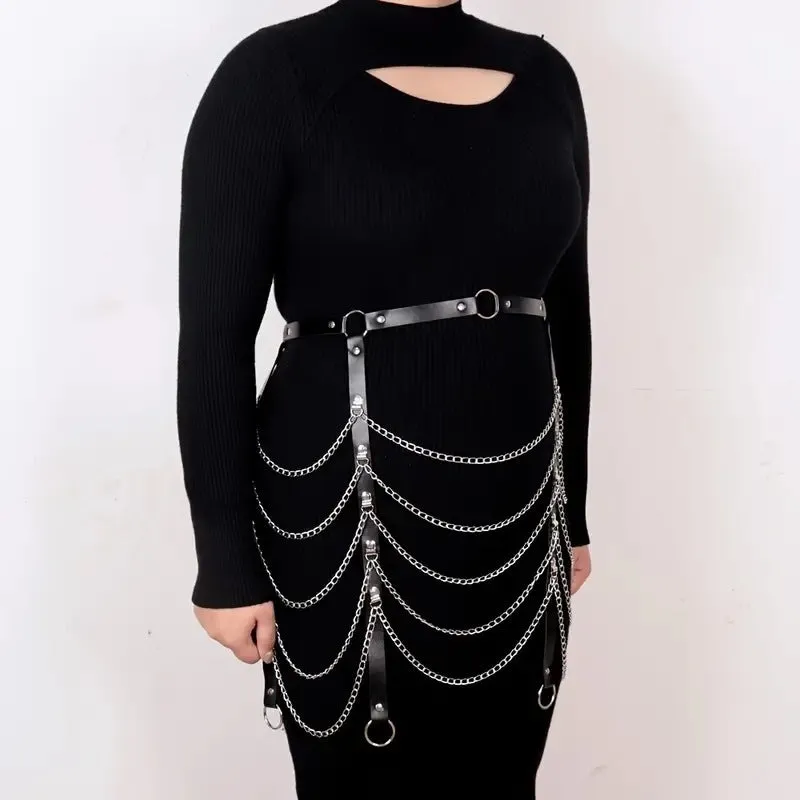 Black PU leather waist chain with bandage binding design for women