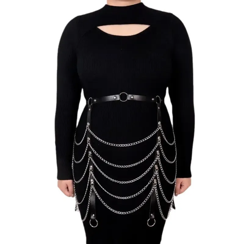 Black PU leather waist chain with bandage binding design for women