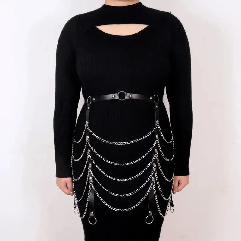 Black PU leather waist chain with bandage binding design for women