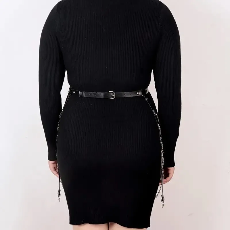Black PU leather waist chain with bandage binding design for women