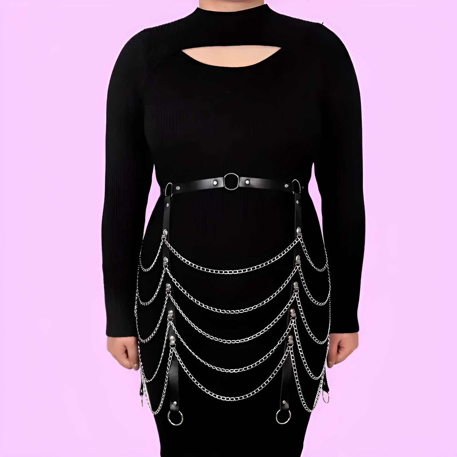 Black PU leather waist chain with bandage binding design for women