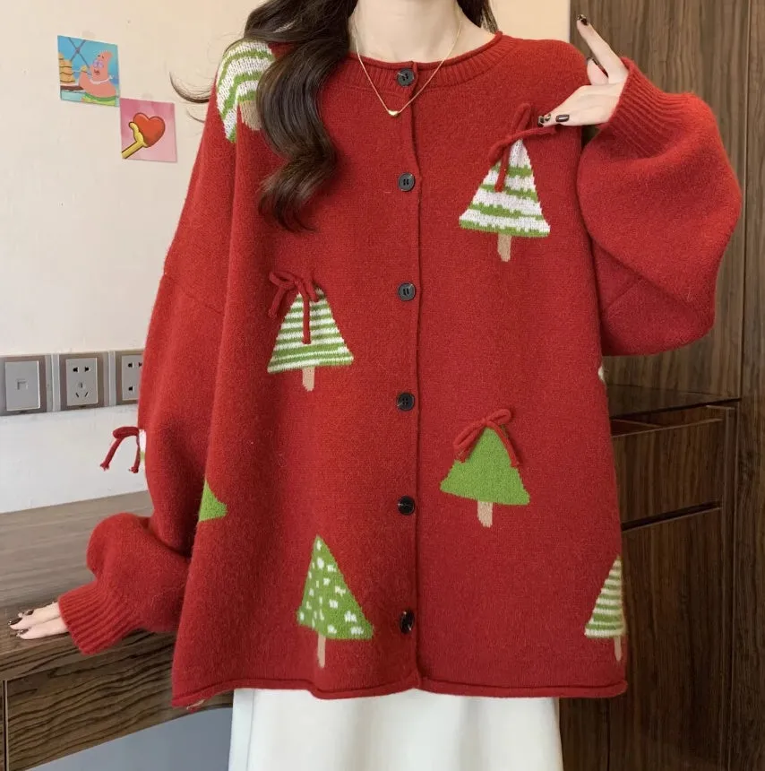 Women's Christmas tree red polyester sweater coat with long sleeves and a loose, regular-length silhouette