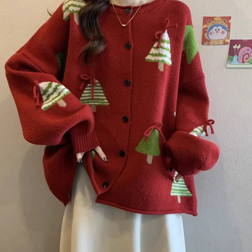 Women's Christmas tree red polyester sweater coat with long sleeves and a loose, regular-length silhouette