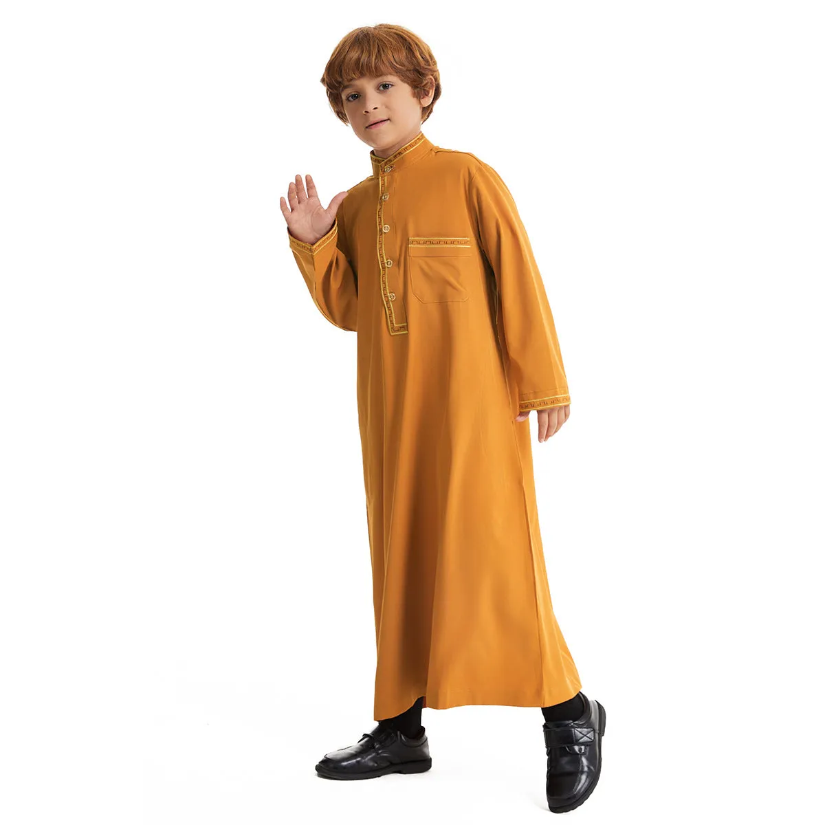 Middle East boy robe stand collar button long shirt solid colour white black beige camel for heights 110cm to 160cm