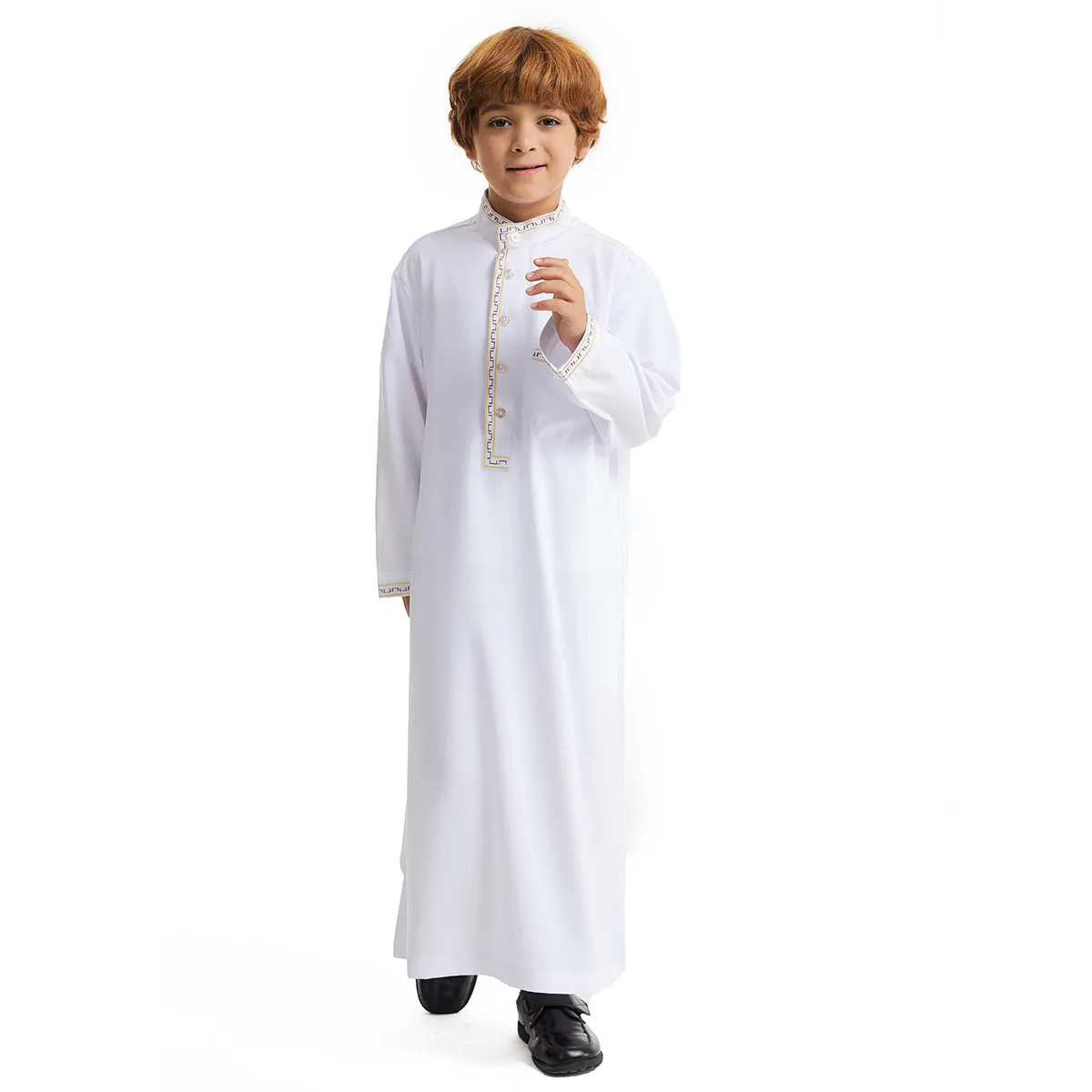 Middle East boy robe stand collar button long shirt solid colour white black beige camel for heights 110cm to 160cm