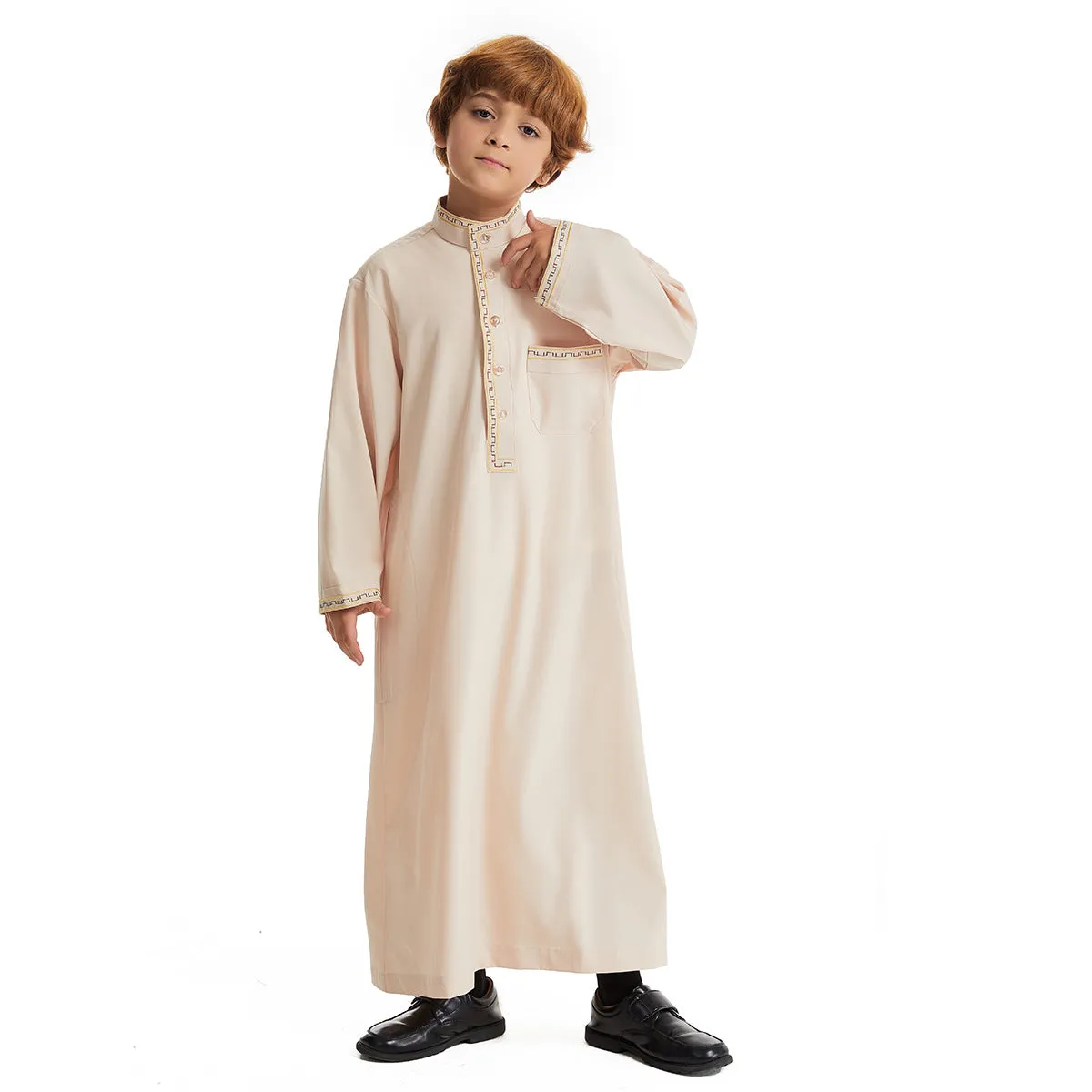 Middle East boy robe stand collar button long shirt solid colour white black beige camel for heights 110cm to 160cm