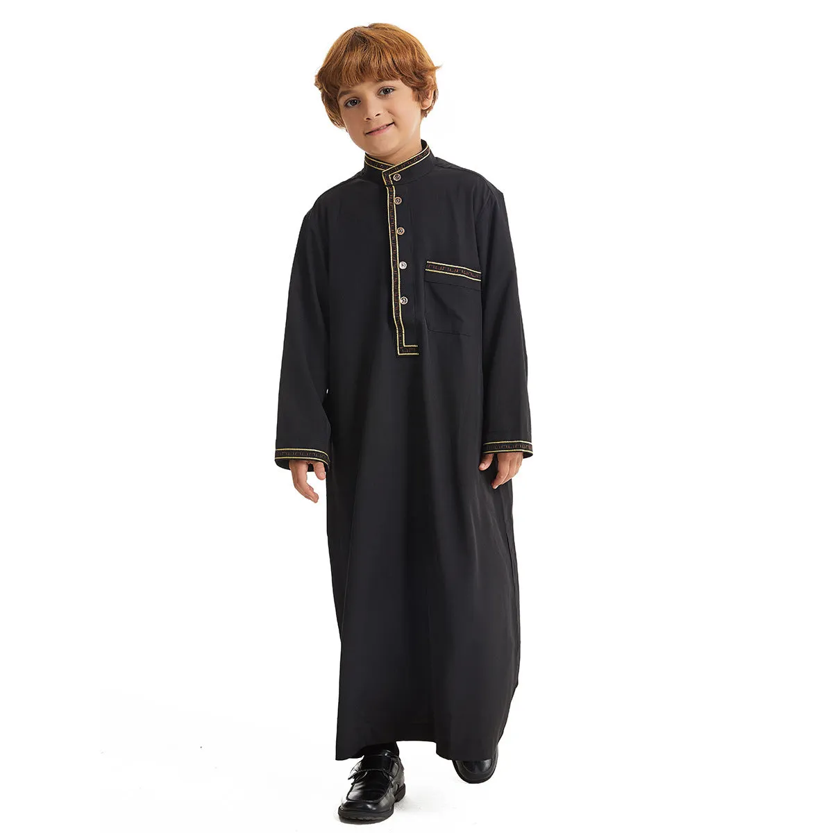 Middle East boy robe stand collar button long shirt solid colour white black beige camel for heights 110cm to 160cm