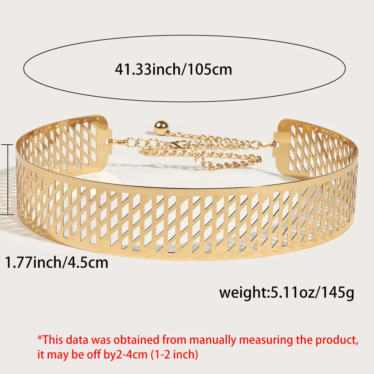 Golden thick waist belt with alloy buckle and iron ring detail, measuring 105cm long and 4.5cm wide.