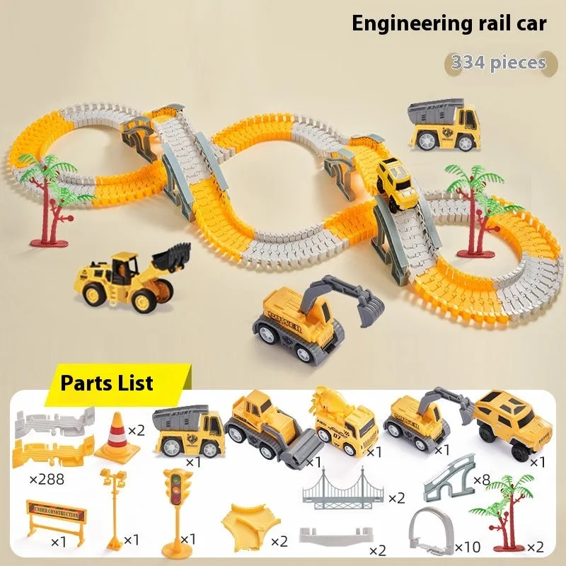 Rail car toy plastic track set with sliding cars and two electric vehicles in multiple colour options