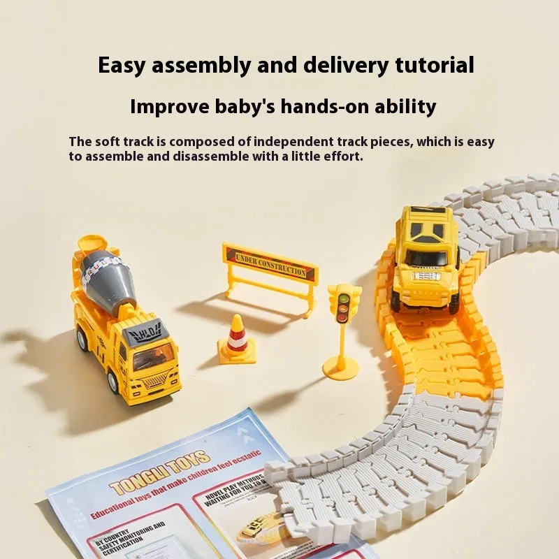 Rail car toy plastic track set with sliding cars and two electric vehicles in multiple colour options