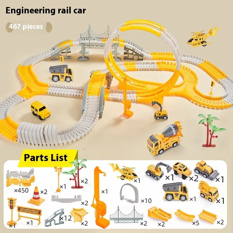 Rail car toy plastic track set with sliding cars and two electric vehicles in multiple colour options