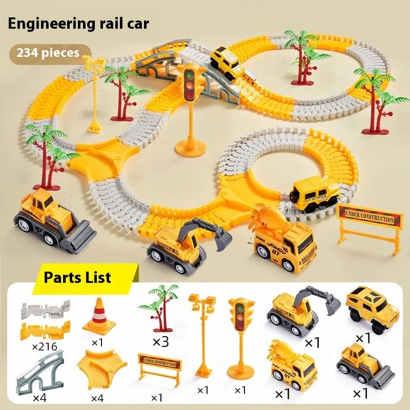 Rail car toy plastic track set with sliding cars and two electric vehicles in multiple colour options