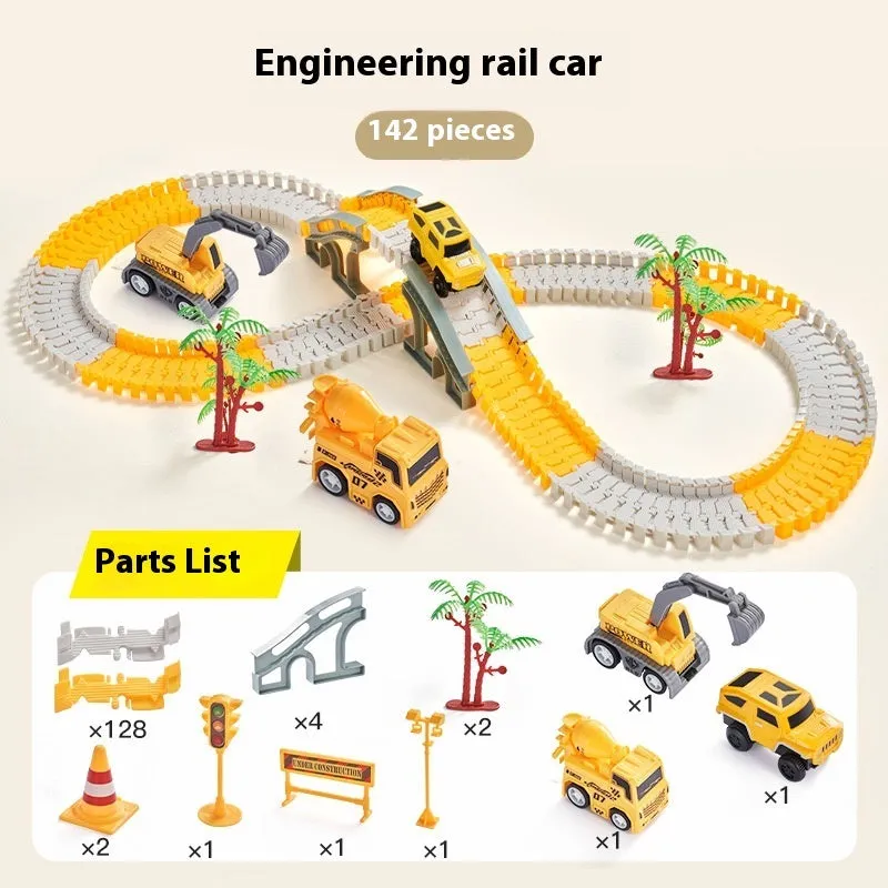 Rail car toy plastic track set with sliding cars and two electric vehicles in multiple colour options
