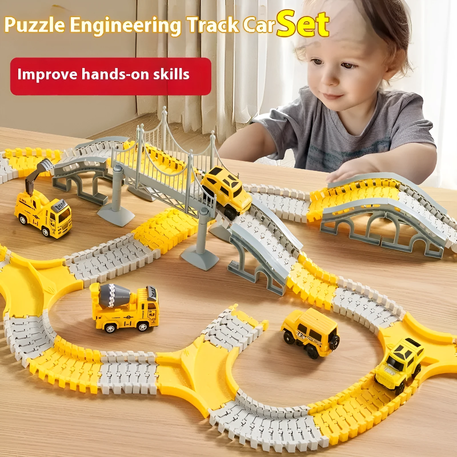 Rail car toy plastic track set with sliding cars and two electric vehicles in multiple colour options