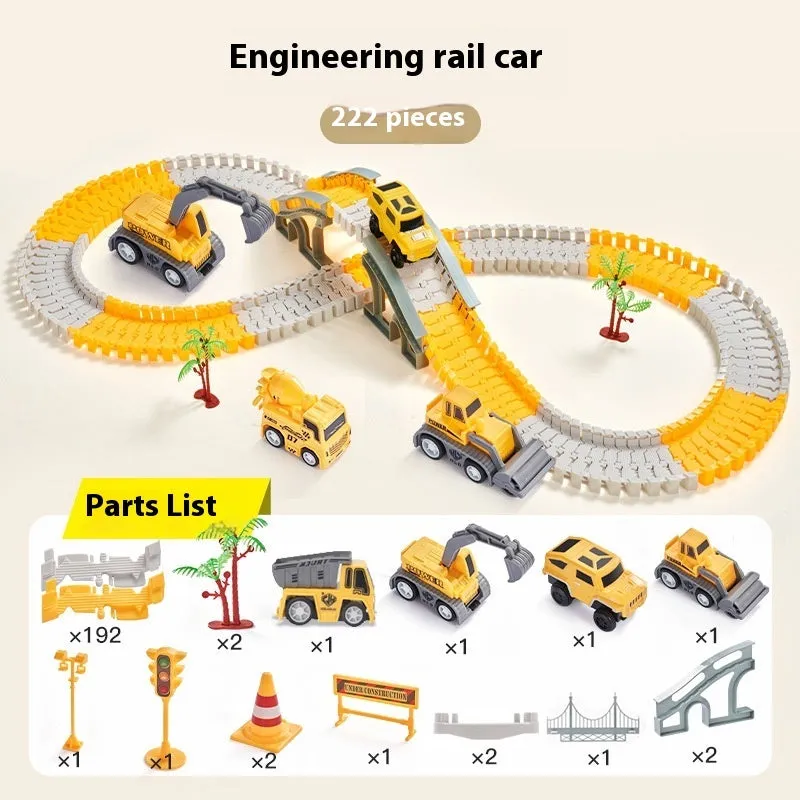Rail car toy plastic track set with sliding cars and two electric vehicles in multiple colour options
